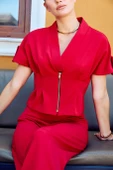 Fermuarlı Derin V Yaka Bluz Kırmızı - 4