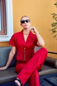 Fermuarlı Derin V Yaka Bluz Kırmızı - 3