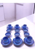 sharpart  Sharp&art 6 Kişilik Mavi Ve Yeşil, El Işlemesi Kabartma Desenli Kahve Fincanı Ve Lokum Kasesi - 5