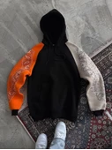Üç İplik Penye Kapşonlu Parçalı SweatShirt - Siyah - 1