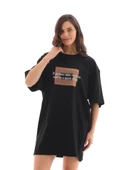 Unisex Bisiklet Yaka Baskılı Oversize T-Shirt - Siyah - 1