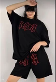Unisex Nakış İşlemeli Şort Takım - Siyah - 1