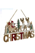 Ahşap Dekoratif Kürklü Geyikleri, Kızaklı Noel Babası ile Christmas Kapı Süsü 30 cm- Dekoratif ve Hediyelik Ahşap Yılbaşı Süsü - 1