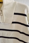Kadın Kamyoncu Yaka Oversize Çizgili Fermuarlı Uzun Triko Kazak - 6