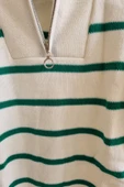 Kadın Kamyoncu Yaka Oversize Çizgili Fermuarlı Uzun Triko Kazak - 3