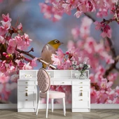 Pembe Çiçek ve Kuş Manzaralı Duvar Kağıdı thumbnail 4