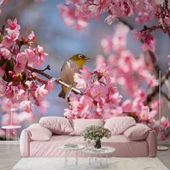 Pembe Çiçek ve Kuş Manzaralı Duvar Kağıdı thumbnail 1