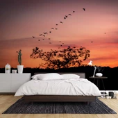Günbatımı Ağaç ve Kuş Gölgesi Manzaralı Duvar Kağıdı thumbnail 2
