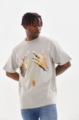 Unisex Baskılı Oversize T-Shirt - Gri - 5