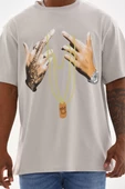 Unisex Baskılı Oversize T-Shirt - Gri - 1