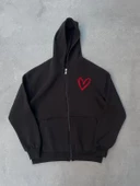 Baskılı Fermuarlı Kapşonlu Hırka - Siyah - 2