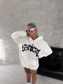 Unisex Kapşonlu Baskılı SweatShirt - Beyaz - 1