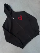 Baskılı Fermuarlı Kapşonlu Hırka - Siyah - 1