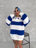 Unisex  Parçalı Yakalı SweatShirt - Mavi - 1