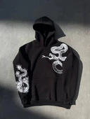 Uzun Kol Kapşonlu Baskılı SweatShirt - Siyah - 1