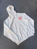 Baskılı Fermuarlı Kapşonlu Hırka - Beyaz - 1