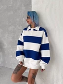 Unisex  Parçalı Yakalı SweatShirt - Mavi - 5