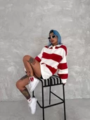 Unisex  Parçalı Yakalı SweatShirt - Kırmızı - 4