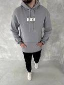 Uzun Kol Kapşonlu Göğüs Baskılı SweatShirt - Gri - 1
