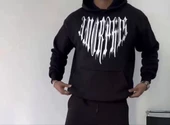 Uzun Kol Kapşonlu Baskılı SweatShirt - Siyah - 1