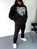 Uzun Kol Kapşonlu Baskılı SweatShirt - Siyah - 6