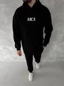 Uzun Kol Kapşonlu Göğüs Baskılı SweatShirt - Siyah - 1