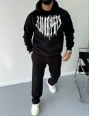 Uzun Kol Kapşonlu Baskılı SweatShirt - Siyah - 5