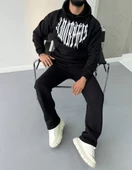 Uzun Kol Kapşonlu Baskılı SweatShirt - Siyah - 7