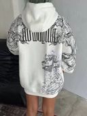 Kışlık  Baskılı Kapşonlu SweatShirt - Beyaz - 3