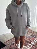Kapşonlu Penye Basic SweatShirt - Boyalı Gri - 1