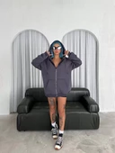 Oversize Tam Fermuarlı Uzun Kol Hırka - Füme - 3