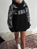 Kışlık Baskılı Kapşonlu SweatShirt - Siyah - 1