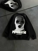 Kışlık Bisiklet Yaka Baskılı SweatShirt - Siyah - 1