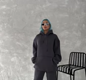 Kapşonlu Penye Basic SweatShirt - Füme - 2