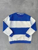 Parçalı Bisiklet Yaka Baskılı SweatShirt - Mavi - 1