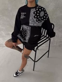 Desenli Bisiklet Yaka Oversize SweatShirt - Siyah - 1