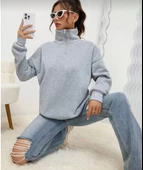 Unisex Uzun Kol Yarım Farmuarlı Yakalı Basic SweatShirt - Gri - 1