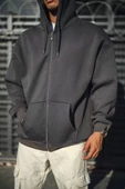Oversize Tam Fermuarlı Uzun Kol Hırka - Füme - 3