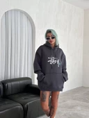 Kapşonlu Baskılı SweatShirt - Füme - 3