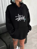 Kapşonlu Baskılı SweatShirt - Siyah - 1