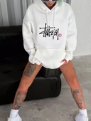 Kapşonlu Baskılı SweatShirt - Beyaz - 1