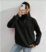 Unisex Uzun Kol Yarım Farmuarlı Yakalı Basic SweatShirt - Siyah - 1