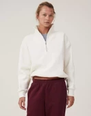 Oversize Yarım Farmuarlı Yakalı Basic SweatShirt - Beyaz - 1