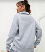 Unisex Uzun Kol Yarım Farmuarlı Yakalı Basic SweatShirt - Gri - 3