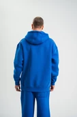 Unisex Double Oversize Kapşonlu Basic SweatShirt - Mavi - 7