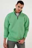 Oversize Yarım Farmuarlı Yakalı Basic SweatShirt - Yeşil - 1
