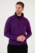 Oversize Yarım Farmuarlı Yakalı Basic SweatShirt - Mor - 1