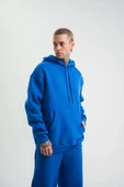 Unisex Double Oversize Kapşonlu Basic SweatShirt - Mavi - 3