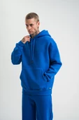Unisex Double Oversize Kapşonlu Basic SweatShirt - Mavi - 6