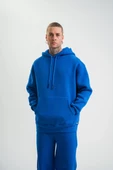 Unisex Double Oversize Kapşonlu Basic SweatShirt - Mavi - 4